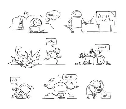 Hand drawn set 404 error page not found vector sketch Crash accident funny Stock Illustration