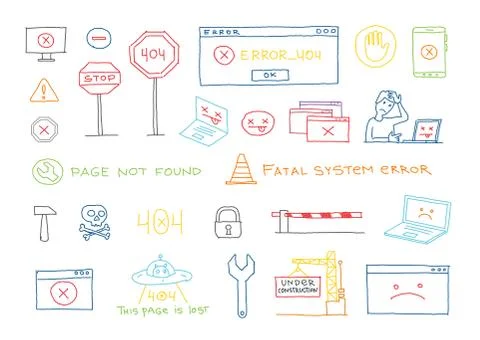 Hand drawn set 404 system error page not found vector sketch Illustrazione stock