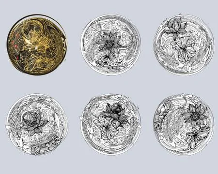Hand-drawn set of 6 vector koi fish, lotus flowers and circular leaves in a w Stock Illustration