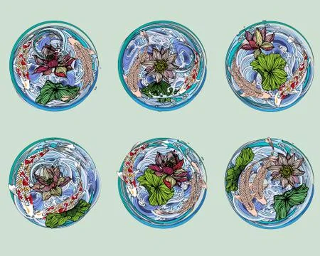 Hand-drawn set of 6 vector koi fish, lotus flowers and circular leaves in a w Stock Illustration