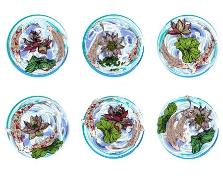 Hand-drawn set of 6 vector koi fish, lotus flowers and circular leaves in a w Stock Illustration