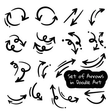 Hand drawn set of arrows in irregular shapes with simple curved, straight a.. Stock Illustration