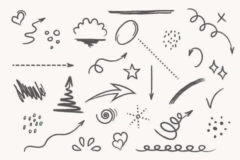Hand drawn set of arrows, lines, elements. Hand drawn cloud, circle, speech 스톡 일러스트