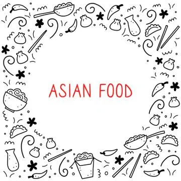 Hand drawn set of Asian food. Vector illustration. Stock Illustration