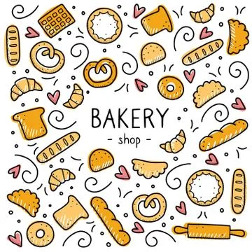Hand drawn set of bakery and baking elements. Vector illustration. Stock Illustration
