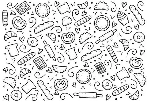 Hand drawn set of bakery and baking elements. Vector illustration. Stock Illustration