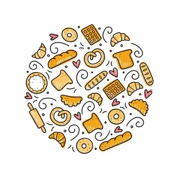 Hand drawn set of bakery and baking elements. Vector illustration. Stock Illustration