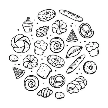 A hand-drawn set of bakery items elements bretzel croissant bread donut bague Illustrazione stock