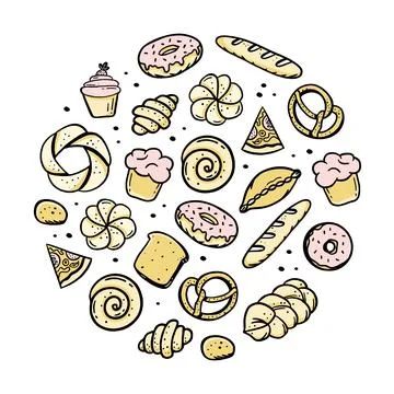 A hand-drawn set of bakery items elements bretzel croissant bread donut bague Illustrazione stock