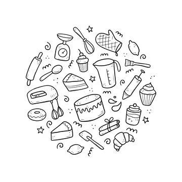 Hand drawn set of baking and cooking elements Stock Illustration