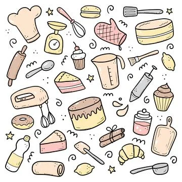 Hand drawn set of baking and cooking elements Stock Illustration