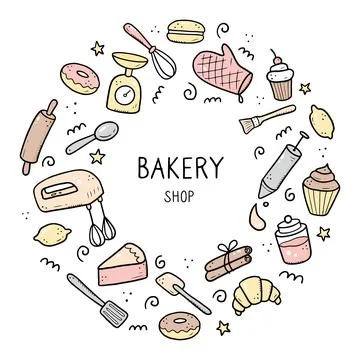 Hand drawn set of baking and cooking tools Stock Illustration
