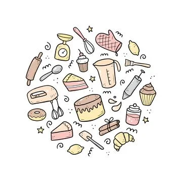 Hand drawn set of baking and cooking elements Stockillustratie