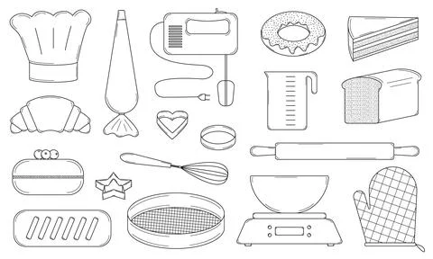 Hand drawn set of baking elements and tools for making culinary products Stock Illustration