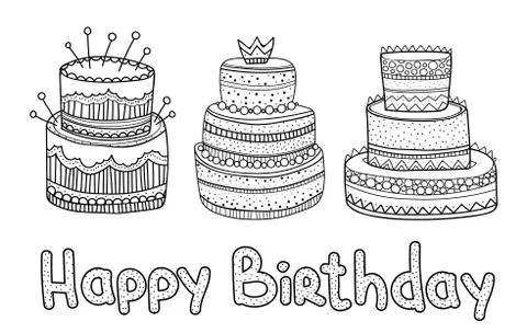 Hand drawn set Birthday elements. Big celebration cakes Stock Illustration