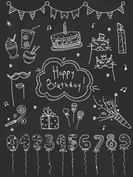 Hand drawn set Birthday elements. Cakes, balloons, festive attributes Stock Illustration