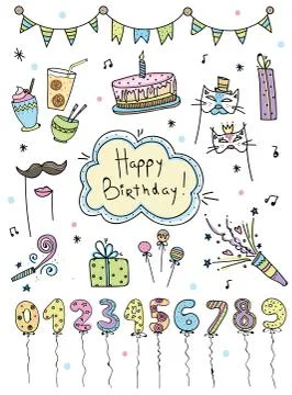 Hand drawn set Birthday elements. Cakes, balloons, festive attributes. Stock Illustration