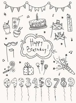 Hand drawn set Birthday elements. Cakes, balloons, festive attributes. Illustrazione stock