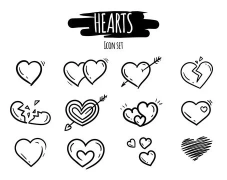 Hand drawn set of black on white heart icons. Stock Illustration