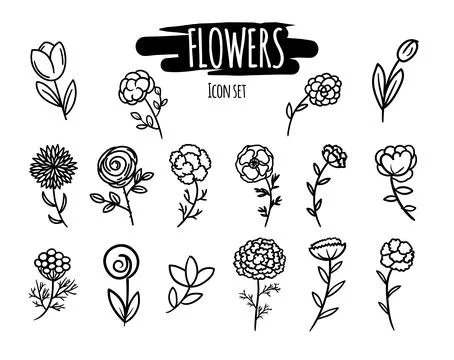Hand drawn set of black on white flower icons. Stock Illustration