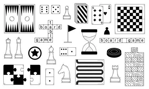 Hand drawn set of board games and items used in games. Educational games, hobby 스톡 일러스트