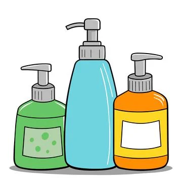 Hand drawn set of bottles with liquid soap. Stock Illustration