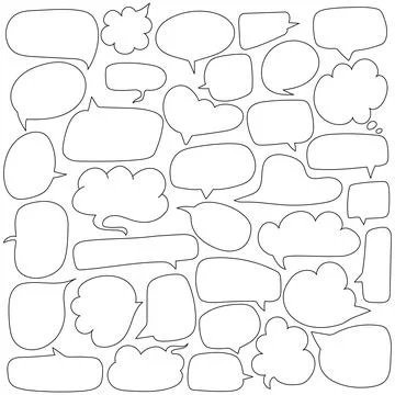 Hand drawn set of bubble speech. Line vector doodles of conversation clouds Stock Illustration