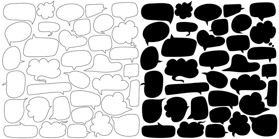 Hand drawn set of bubble speech. Line vector doodles and black silhouette o.. Stock Illustration