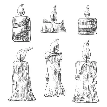 Hand drawn set of burning candles. Vector illustration of a sketch style. Stock Illustration