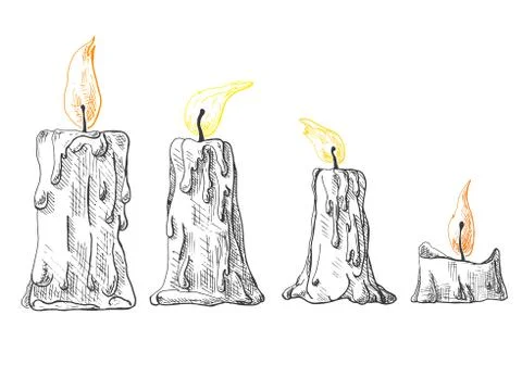 Hand drawn set of burning candles. Vector illustration of a sketch style. Stock Illustration