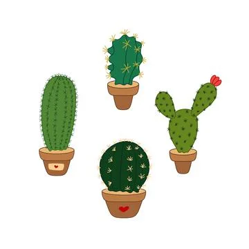 Hand-drawn set of cactus. Vector colorful illustration isolated on white back Stock Illustration