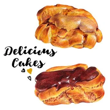 Hand drawn set of cakes eclairs Stock Illustration