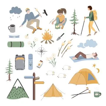 Hand drawn set with camping elements. Vector illustration Illustrazione stock