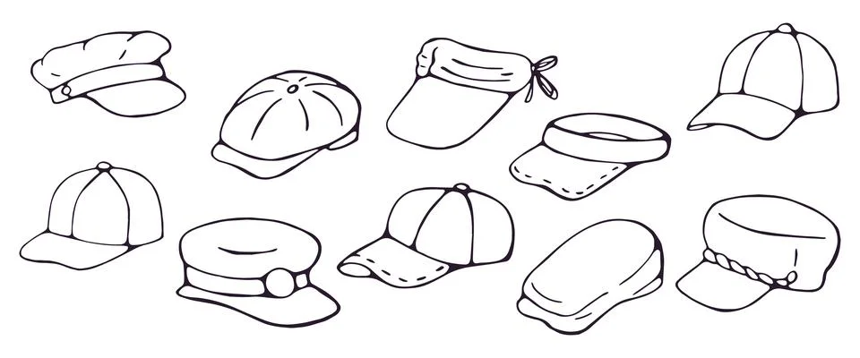 Hand drawn set of caps and hats with visor doodle illustration on white bac.. Stock Illustration