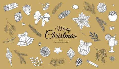 Hand drawn set of Christmas decorations. Template for greeting cards Stock Illustration