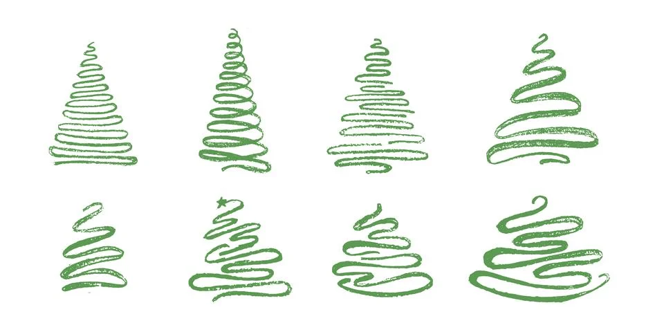 Hand drawn set Christmas tree. Abstract doodle grunge drawing woods. Vector Stock Illustration
