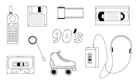 Hand drawn set of classic elements of the 80s, 90s. Retro pop culture items Stock Illustration