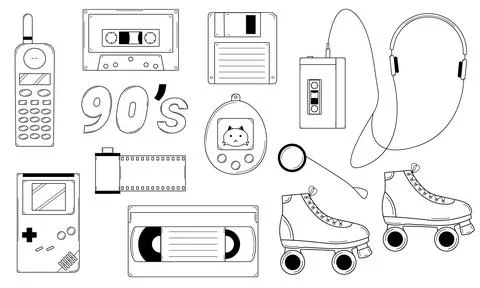 Hand drawn set of classic elements of the 80s, 90s. Retro pop culture items Stock Illustration