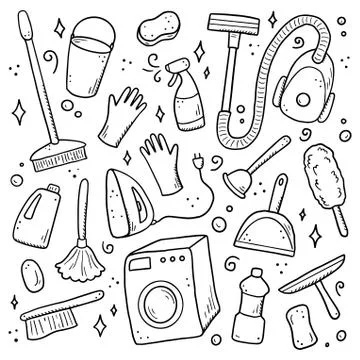 Hand drawn set of cleaning equipments Stock Illustration