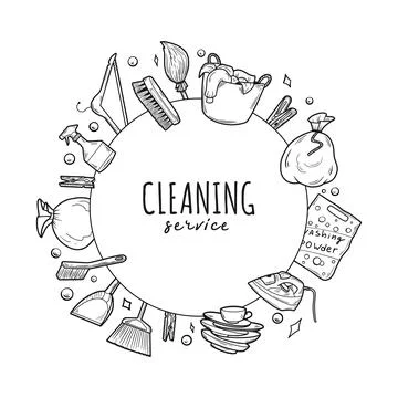 Hand drawn set of cleaning equipments, sponge, spray, broom, bucket in a circle Stock Illustration