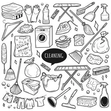 Hand drawn set of cleaning equipments, sponge, spray, broom, bucket. Doodle Stock Illustration
