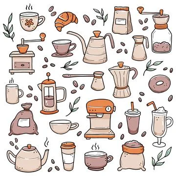Hand drawn set of coffee elements doodle 스톡 일러스트