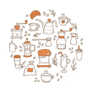 Hand drawn set of coffee elements doodle Illustrazione stock