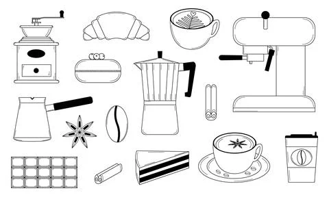 Hand drawn set of coffee illustrations, coffee making equipment and sweets Stock Illustration