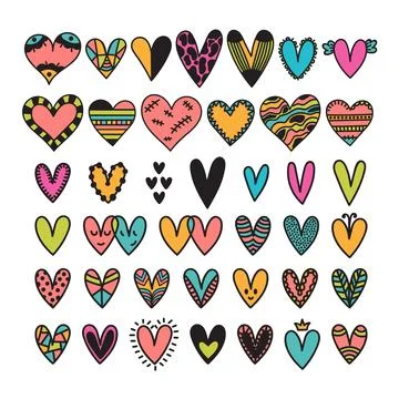 Hand drawn set of colored hearts. Sketch collection for wedding or Valentin.. Stock Illustration