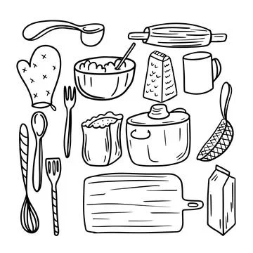 Hand drawn set of cooking elements bowl, spoon, flour, scale. Doodle sketch s Stock Illustration