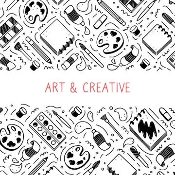 Hand drawn set of creatives, visual art themes doodle element. Vector Stock Illustration