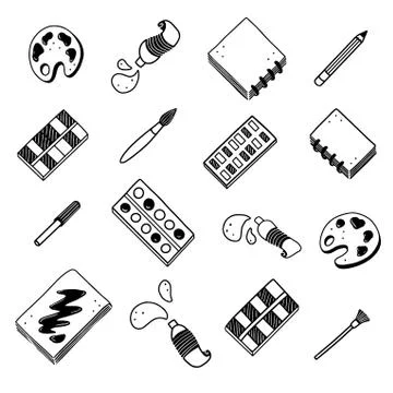 Hand drawn set of creatives, visual art themes doodle element. Vector Stock Illustration