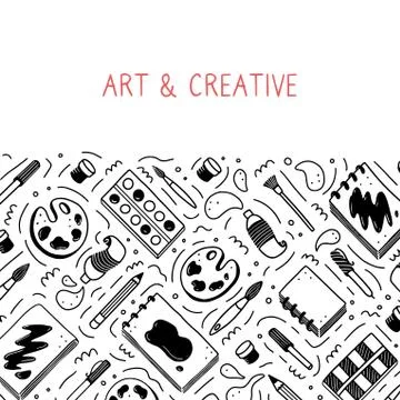 Hand drawn set of creatives, visual art themes doodle element. Vector Stock Illustration
