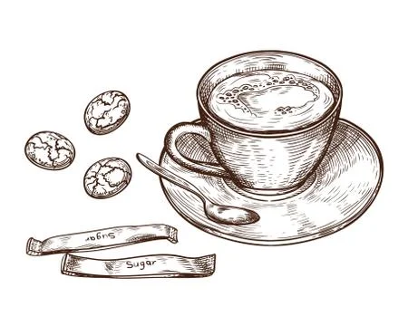 Hand Drawn set, Cup of hot drink, oat cookies and packaging sugar Stock Illustration